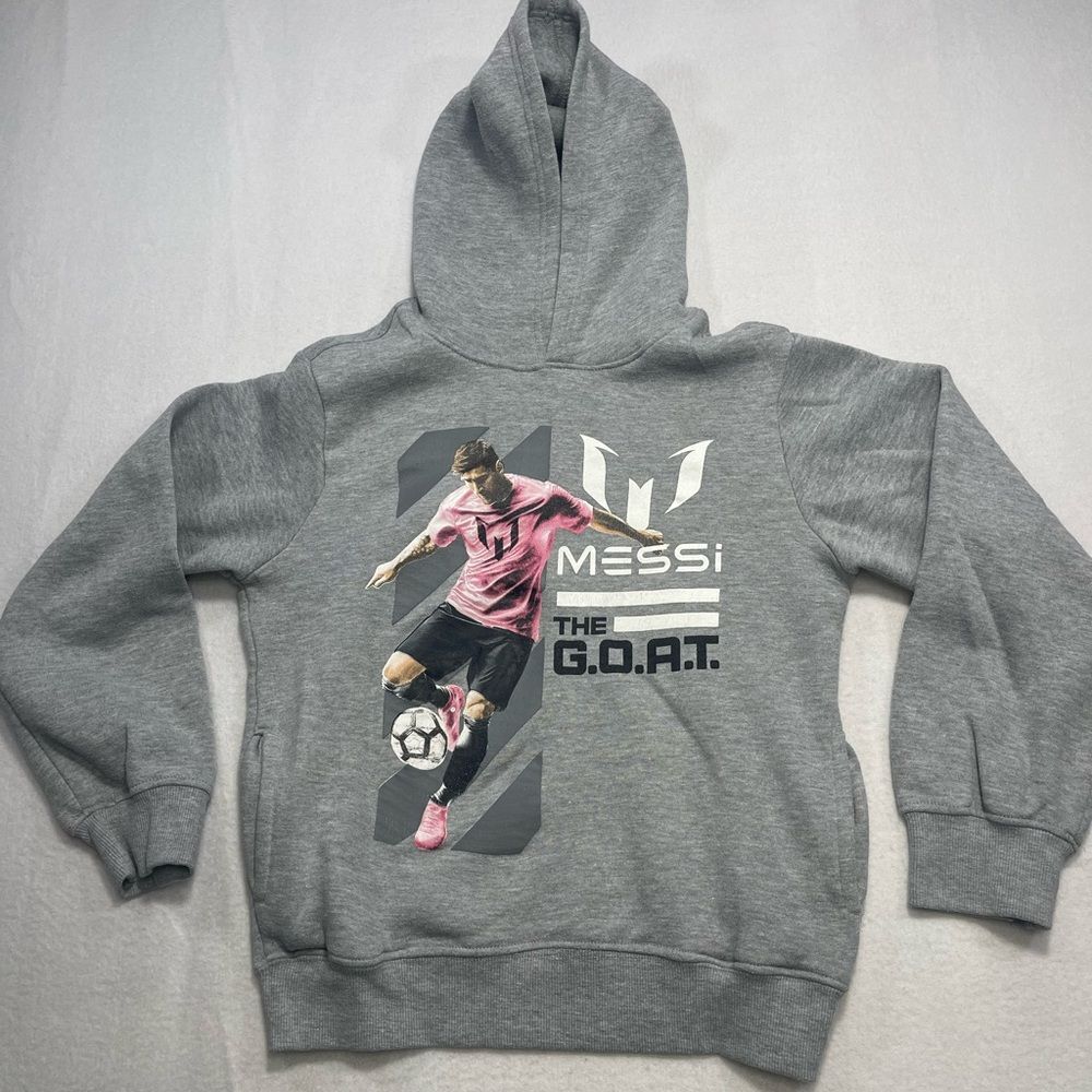 Lionel Messi “The G.O.A.T.” Hoodie Youth Medium (10-12) Gray Soccer Sweatshirt